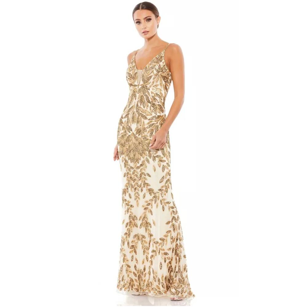 Mac Duggal 5107 Gold Beaded Embellished Leaf Evening Gown 14 NWT